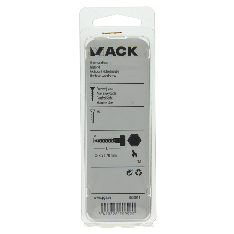 Mack 1020014 - houtdraadbout roestvrijstaal 6 st 8 x 70 mm | 5 stuks