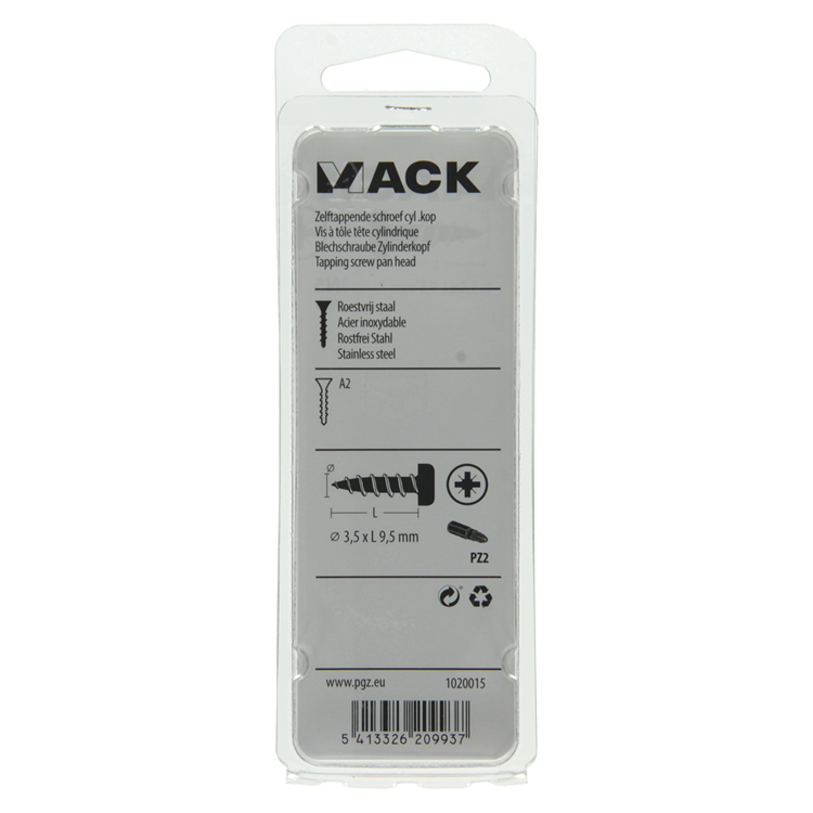 Mack 1020015 - zelftappende schroef cyl.kop a2 70 st 3,5 x 9,5 mm | 5 stuks