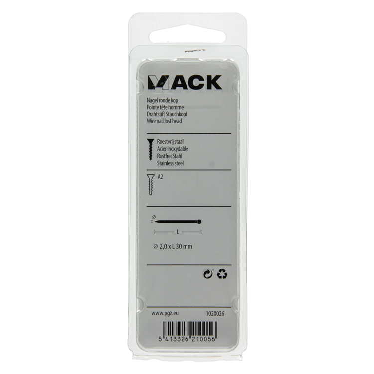 Mack 1020026 - nagel ronde kop inox a2 70 st 2,0 x 30 mm | 5 stuks