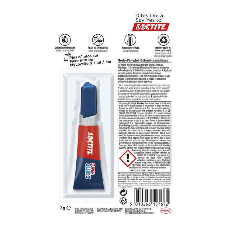 Loctite original 3 g extra sterke secondelijm | krachtige hechting voor diverse materialen zoals rubber, metaal, kunststof, keramiek, hout, leder, porselein en meer | snelle en betrouwbare reparaties in seconden.