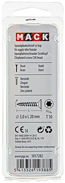 Mack 1017282 - spaanplschr.vzkop-zelfb. geelverz. 45 st 3,0 x 20 mm | 10 stuks