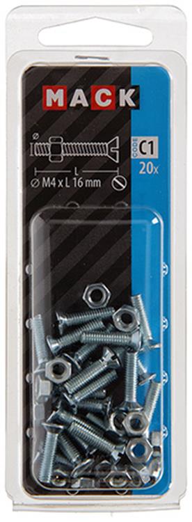 Mack 1017491 - metaalschroef verz. kop + moer verz. 20st m4 x 16 mm | 10 stuks