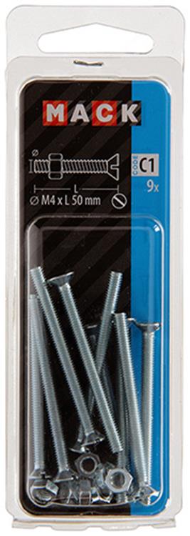 Mack 1017496 - metaalschroef verz. kop + moer verz. 9 st m4 x 50 mm | 10 stuks