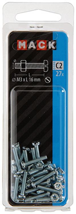 Mack 1017515 - metaalschroef cyl. kop + moer verz. 27 st m3 x 16 mm | 10 stuks