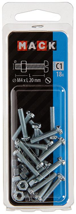 Mack 1017518 - metaalschroef cyl. kop + moer verz. 18 st m4 x 20 mm | 10 stuks