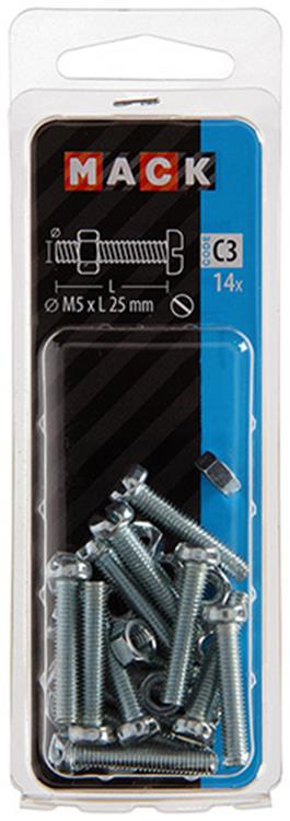Mack 1017525 - metaalschroef cyl. kop + moer verz. 14 st m5 x 25 mm | 10 stuks