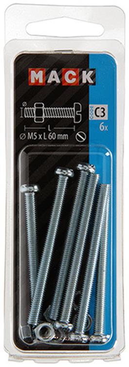 Mack 1017529 - metaalschroef cyl. kop + moer verz. 6 st m5 x 60 mm | 10 stuks