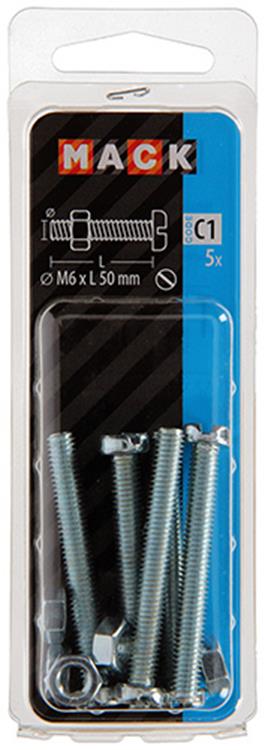Mack 1017535 - metaalschroef cyl. kop + moer verz. 5 st m6 x 50 mm | 10 stuks