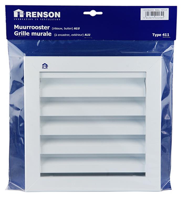 Renson 1006224 - muurrooster inbouw 411 alu ral 9010 200x200mm | 1 stuks