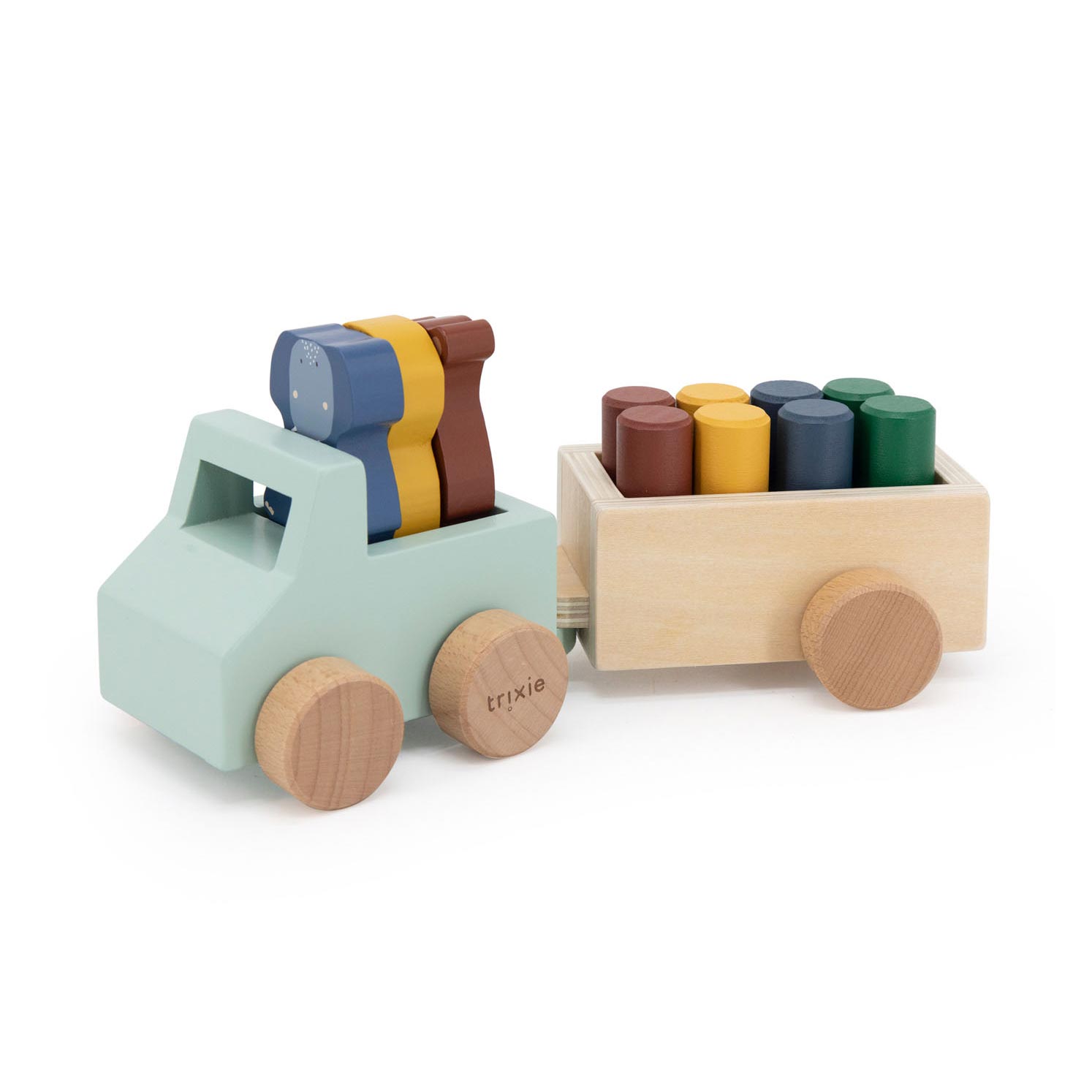 Trixie houten dieren auto met aanhangwagen