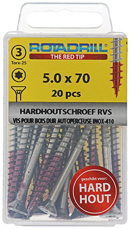 Rotadrill 1039906 - hardhoutschroef zelfb.sppls.rvs t25 5.0x70mm (20) | 6 stuks