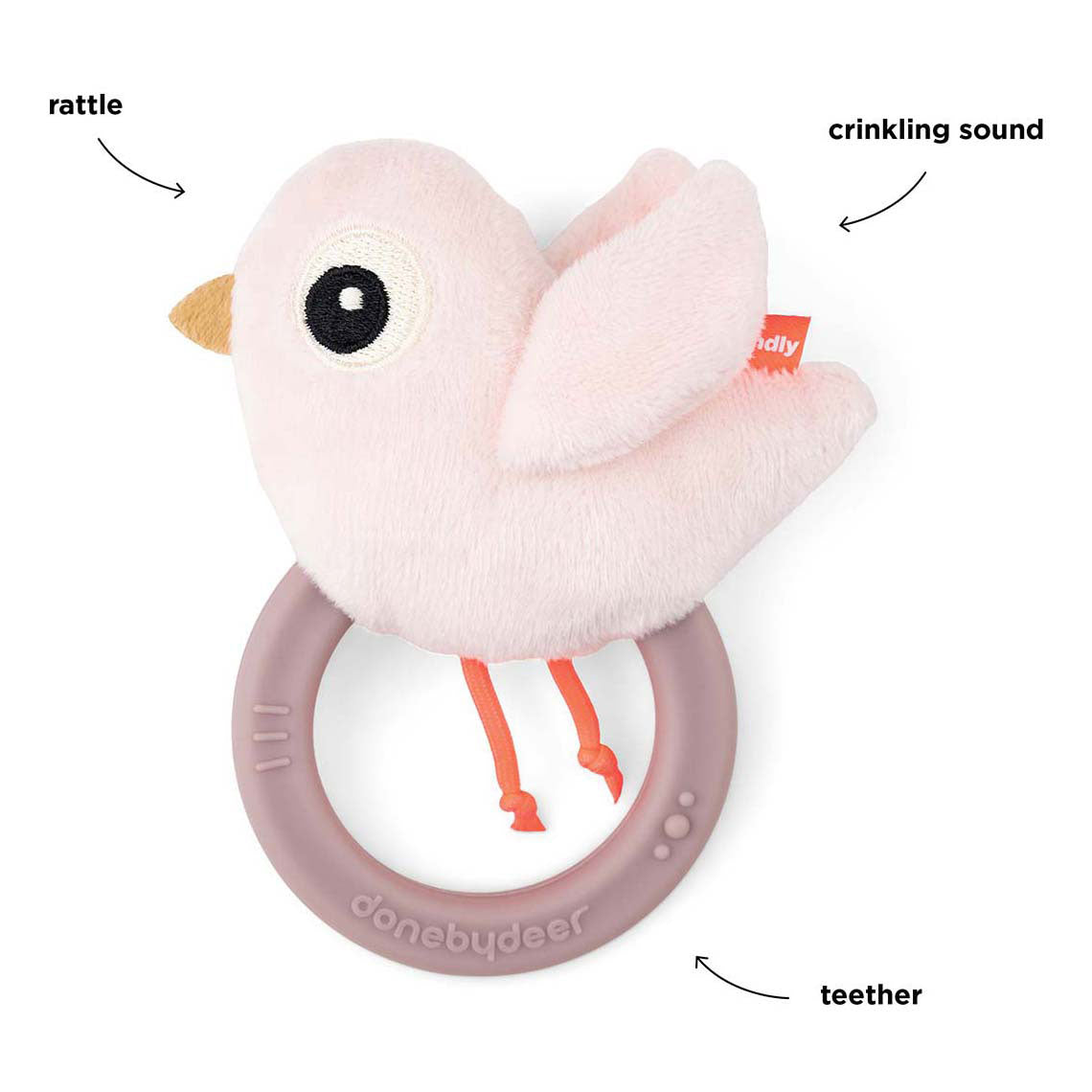 Gedaan door hert rammelaar met koord birdee roze