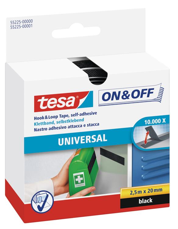 Tesa klittenband on off zelfklevend voor lichte voorwerpen bevestigen – zwart 2cm x 250cm