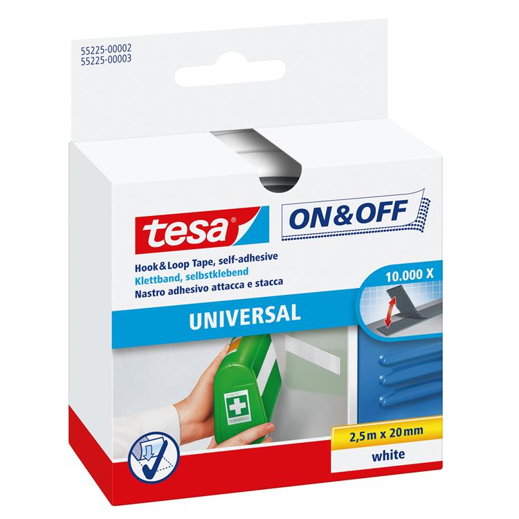 Tesa klittenband on off zelfklevend voor lichte voorwerpen bevestigen – wit 2cm x 250cm