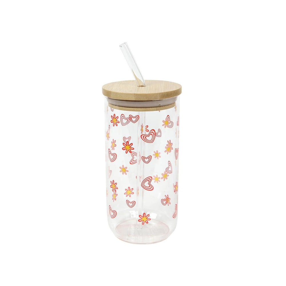 Drinkglas met rietje en bamboe deksel bloemprint 500ml ã˜7.5x15cm