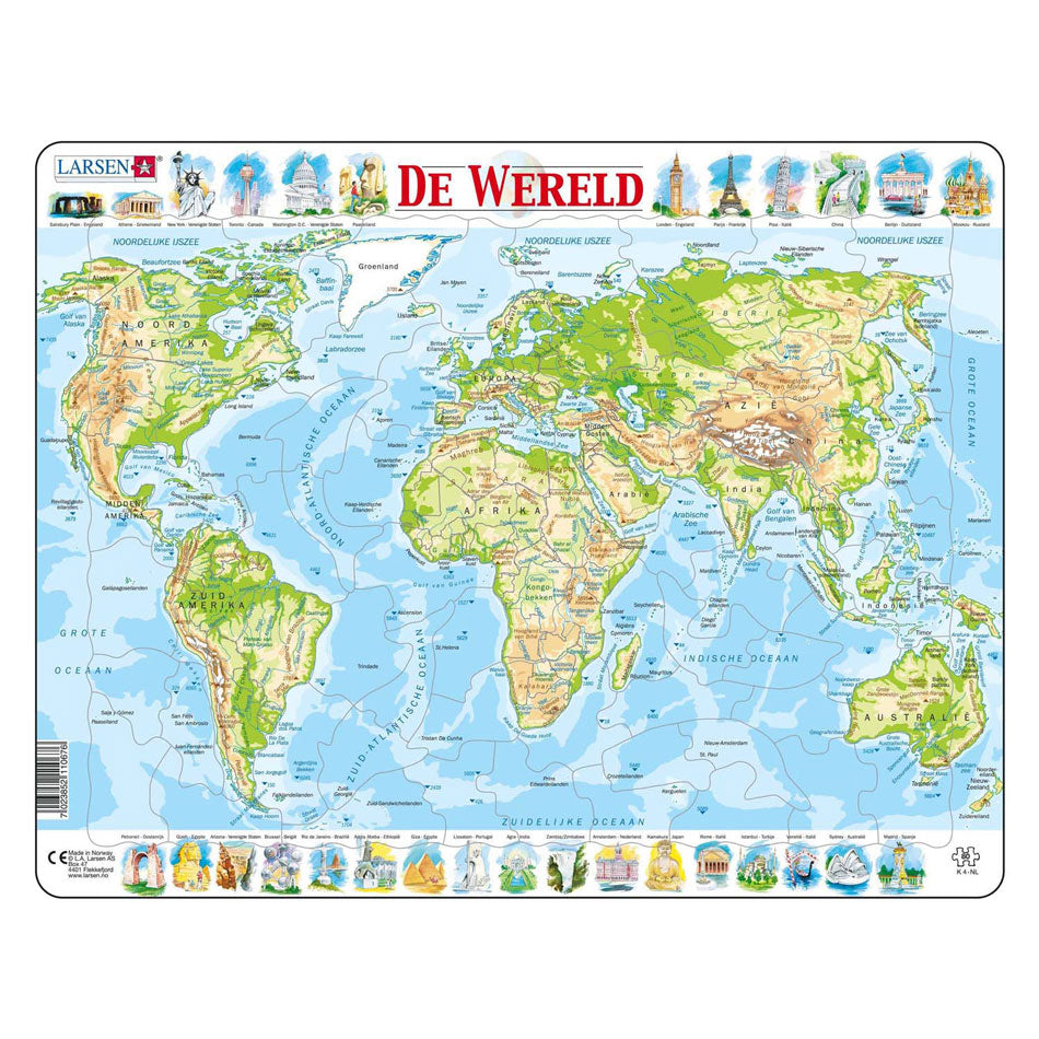 Larsen legpuzzel kaart wereld - geografisch, 80st.