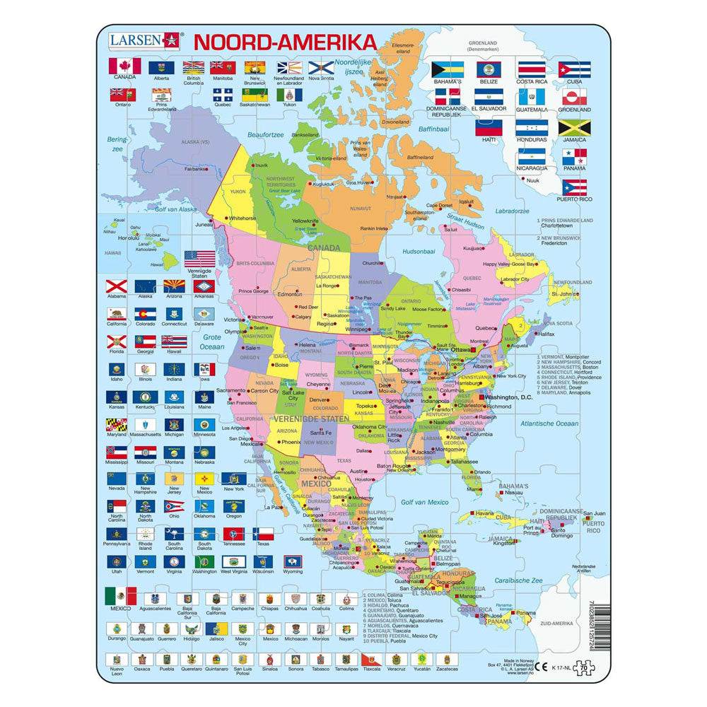 Selecta larsen legpuzzel kaart noord, amerika met staten en vlaggen, 70st.