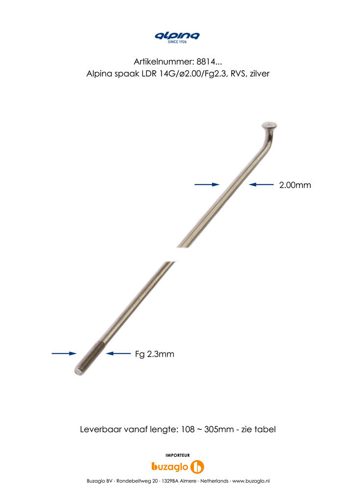 Alpina spaken 296-14 ø2.00mm fg 2.3 - RVS zilver (144 stuks)