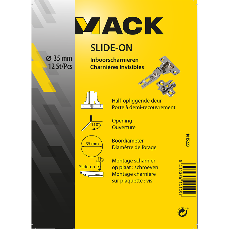 Mack 1015223 - 12 inboorscharnieren slide on 35mm 110° half opliggende deur | 5 stuks