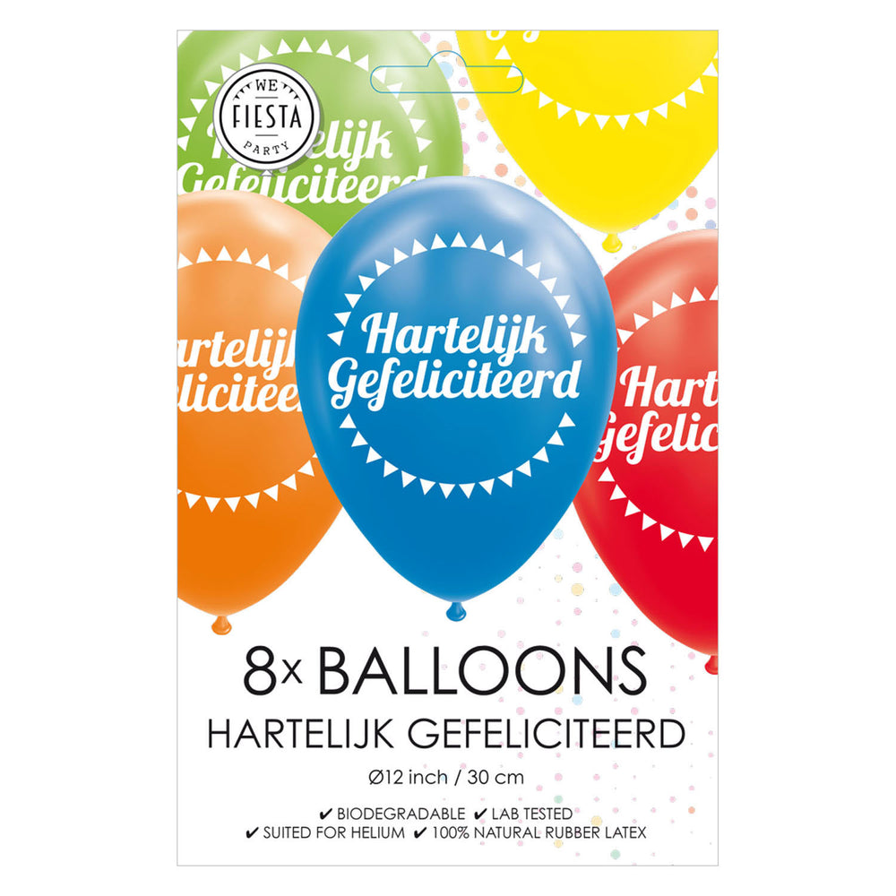Globos ballonnen hartelijk gefeliciteerd mix kleuren 30cm, 8st.