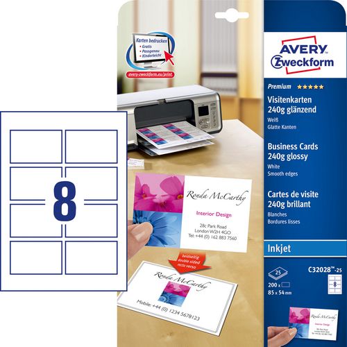 Visitekaarten avery 250g m2 85 x 54 mm glanzend