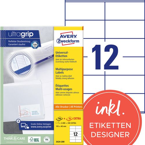 Multifunctionele etiketten avery zweckform 48 x 105 mm wit