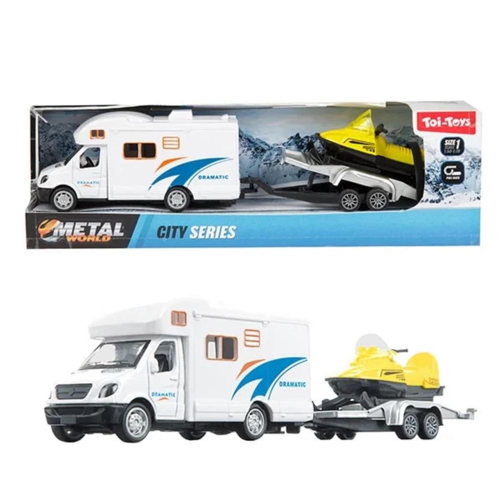 Toi-toys metalen trekcamper met aanhanger en sneeuwscooter