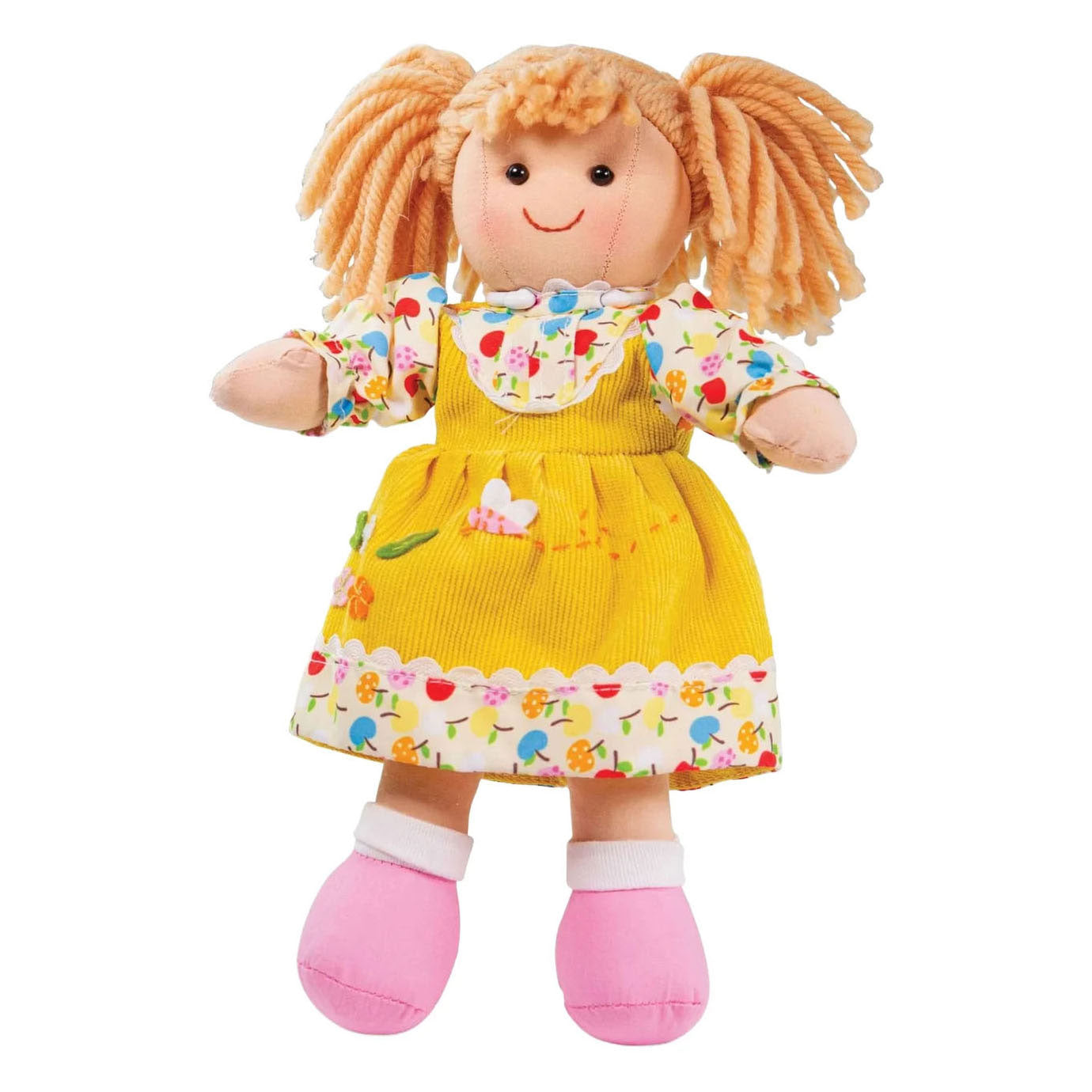 Bigjigs toys stoffen pop daisy - bigjigs - meisjespop met gele jurk - 28 cm