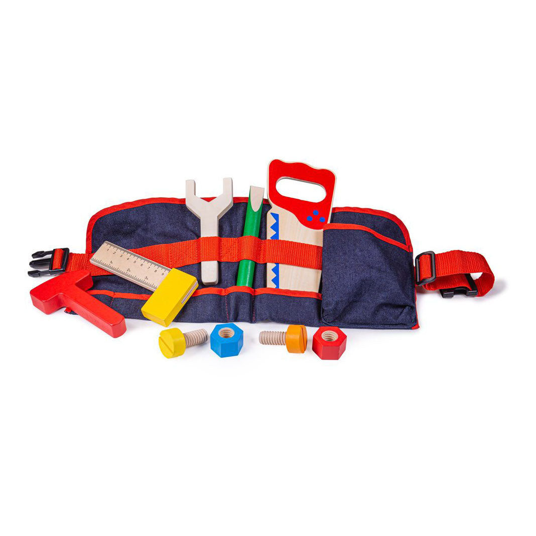 Bigjigs toys rode gereedschapsgordel met houten gereedschap - bigjigs - met klipsluiting - 10-delig