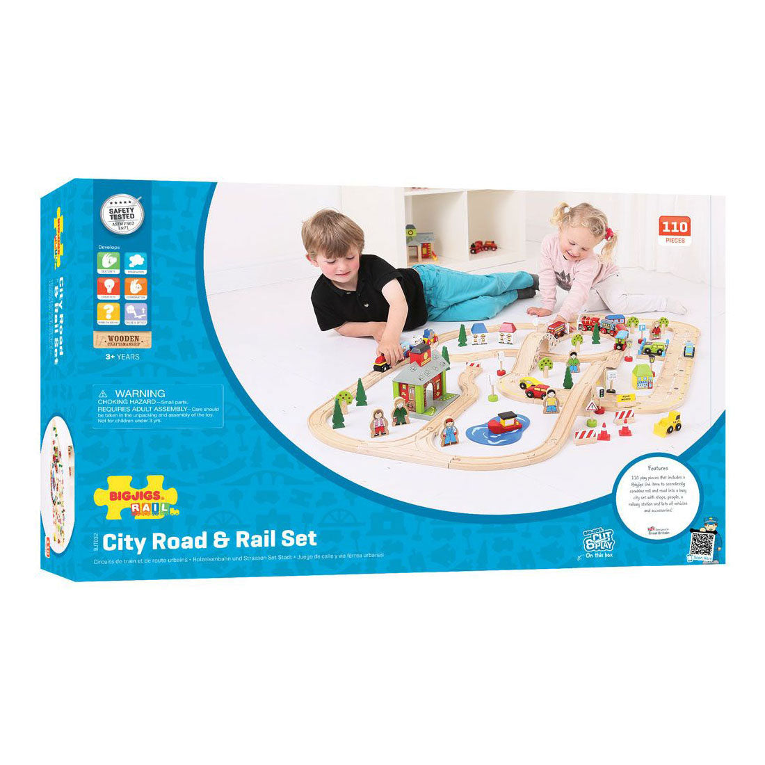 Bigjigs wooden train and road set, 105 pieces