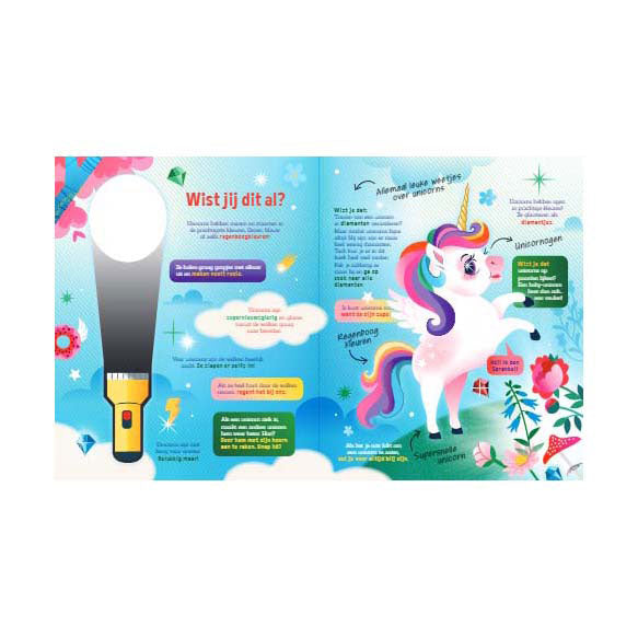 Lantaarn publishers speuren naar unicorns zoekboek met kartonnen zaklamp