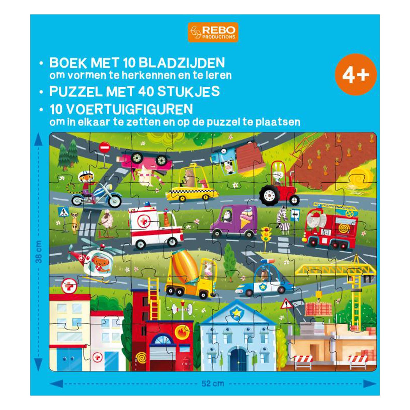 Rebo uitgevers boek, puzzel + 10 figuren - voertuigen