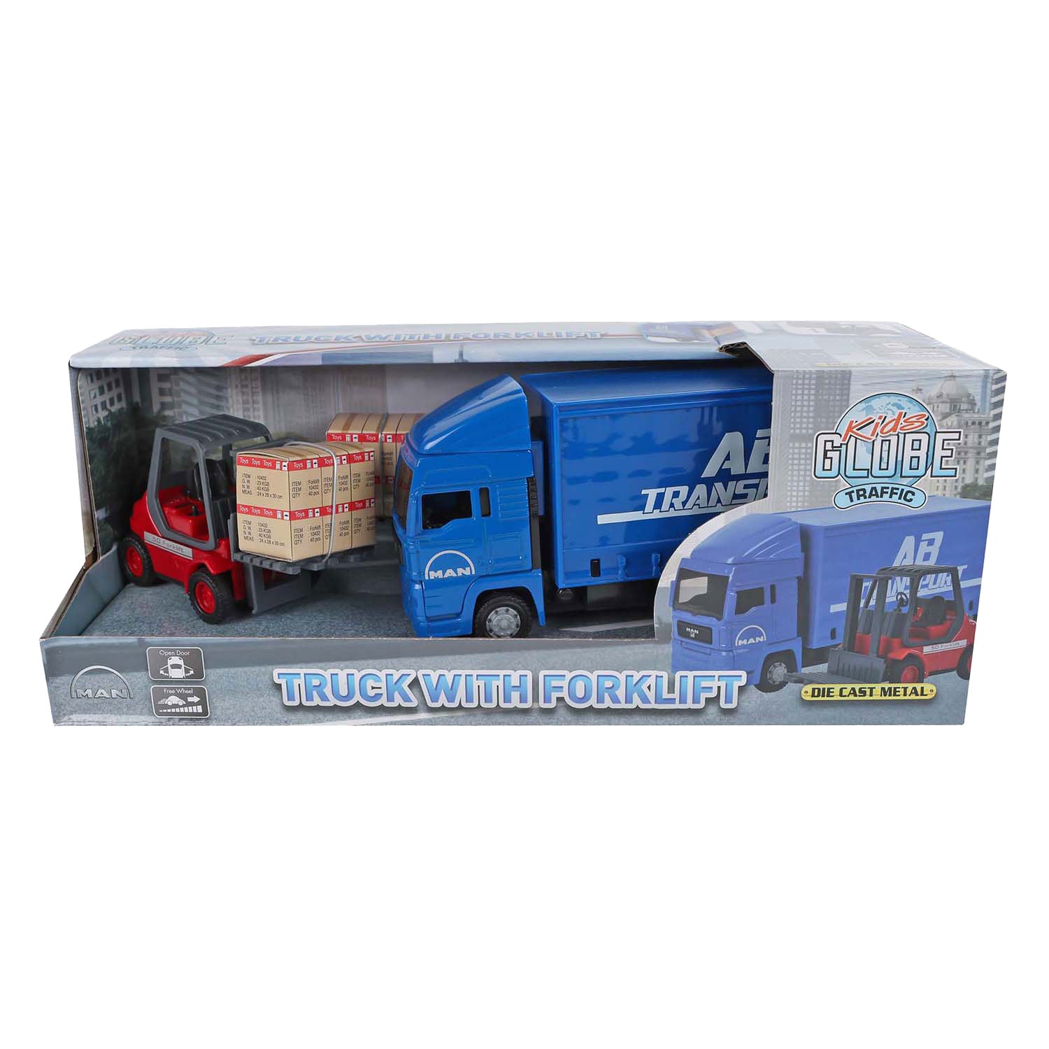 Kids globe man vrachtwagen met vorkheftruck. 17 cm