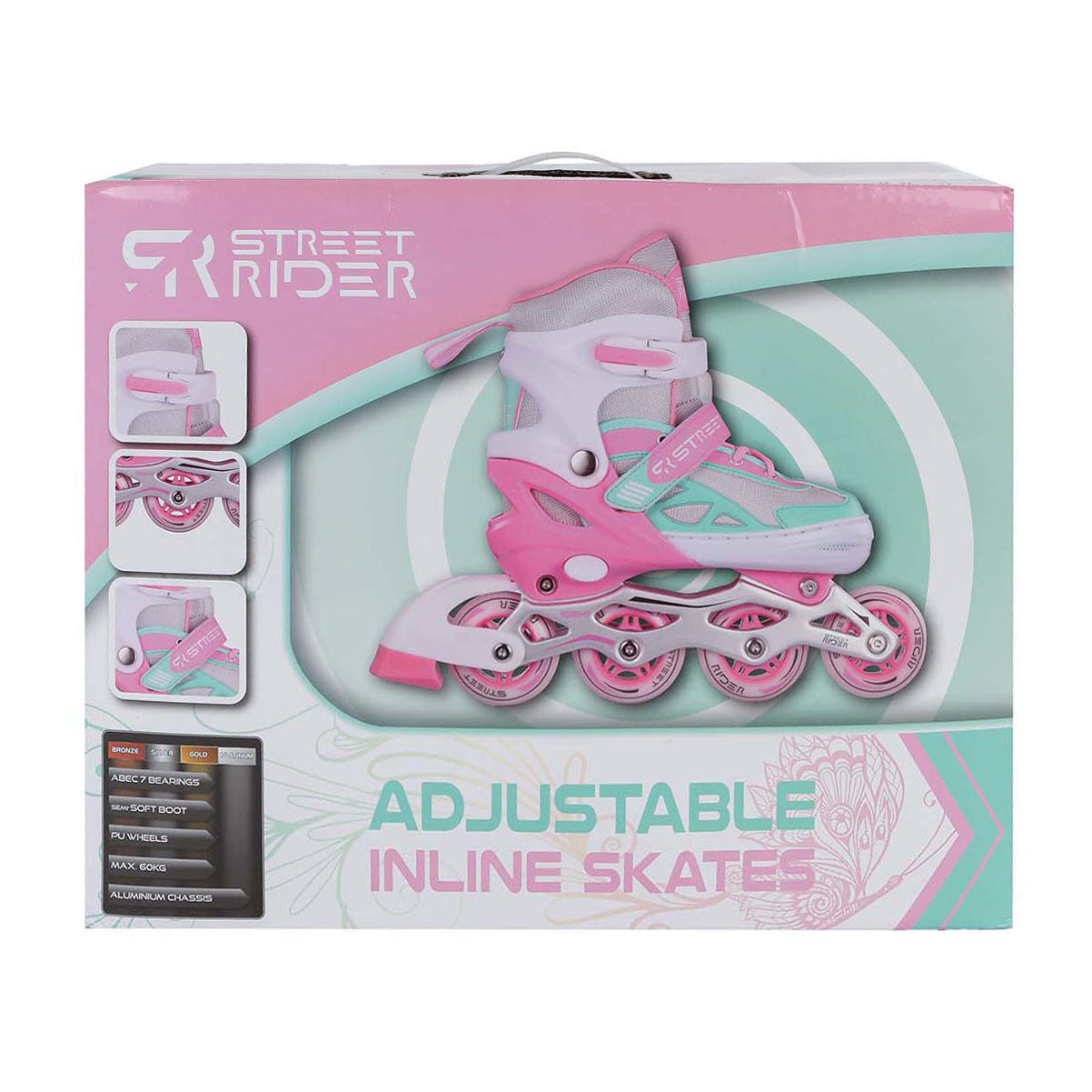 Street rider inline skeelers roze groen verstelbaar, maat 29-32