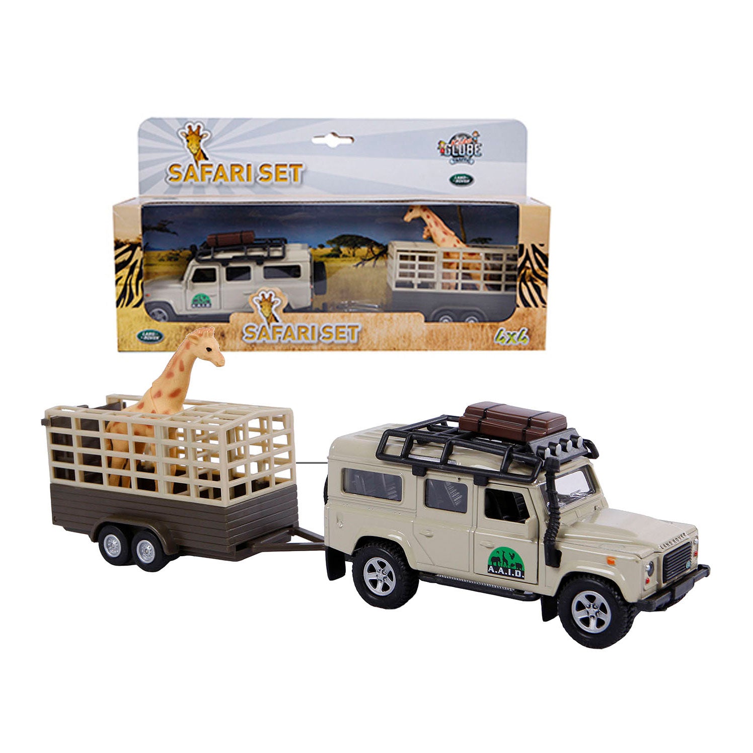 Kids Globe Die-cast Land Rover met Giraffe-aanhangwagen, 29cm