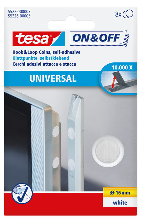 Tesa on off 55226-03-00 klittenband punten om vast te plakken haak- en lusdeel (ø) 16 mm wit 8 paar