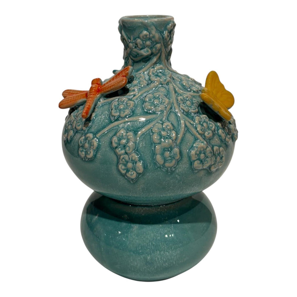 Mansion atmosphere vaas met vlinders groen-blauw 11x11x17cm