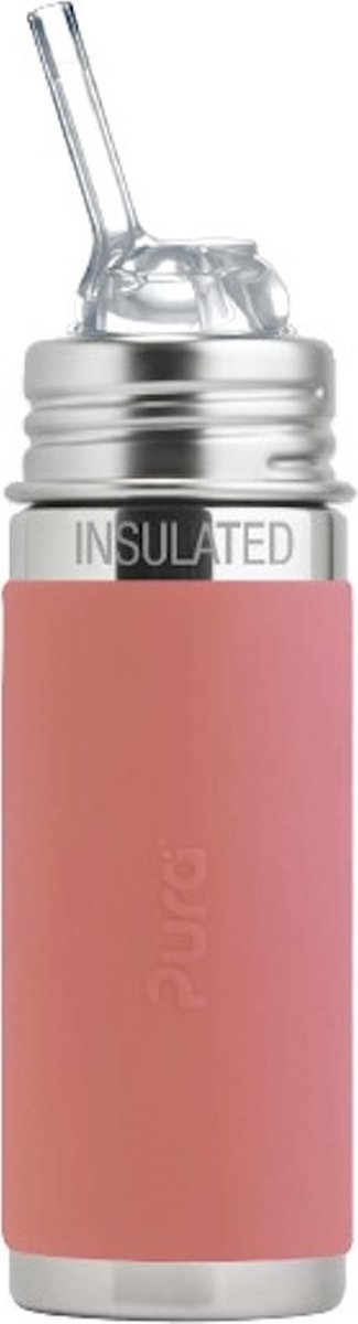 Pura thermos rietjesfles free flow 260 ml - thermoskan - thermosfles - plasticvrij - met isolatiewand - op 2 manieren te gebruiken - medische kwaliteit siliconen - inclusief siliconen rietje free-flow, reisdop en borsteltje - rose sleeve