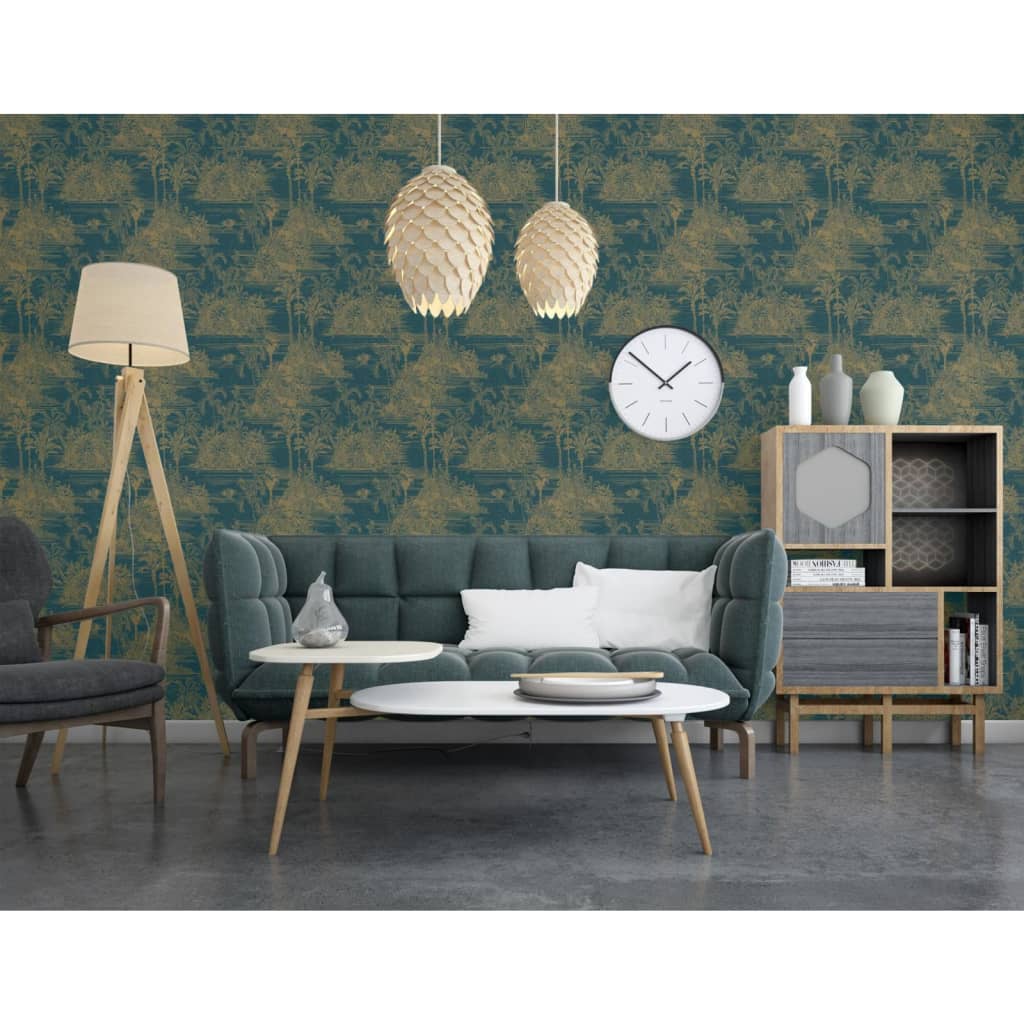 DUTCH WALLCOVERINGS DUTCH WALLCOVERINGS Behang Tropisch donkerblauw en goudkleurig