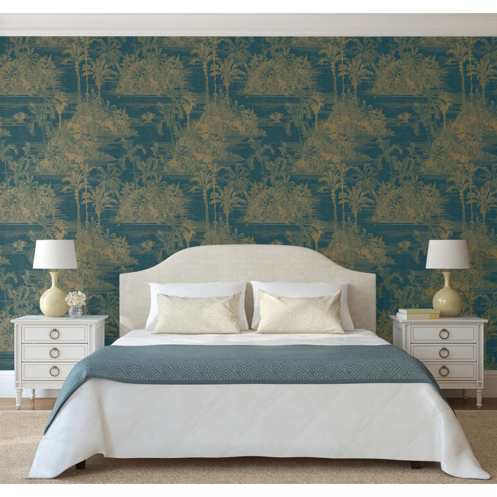 DUTCH WALLCOVERINGS DUTCH WALLCOVERINGS Behang Tropisch donkerblauw en goudkleurig