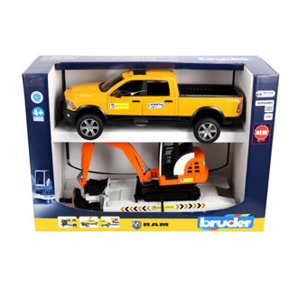 Bruder auto ram 2500 power wagen verhuurservice met aanhangwagen en minibagger