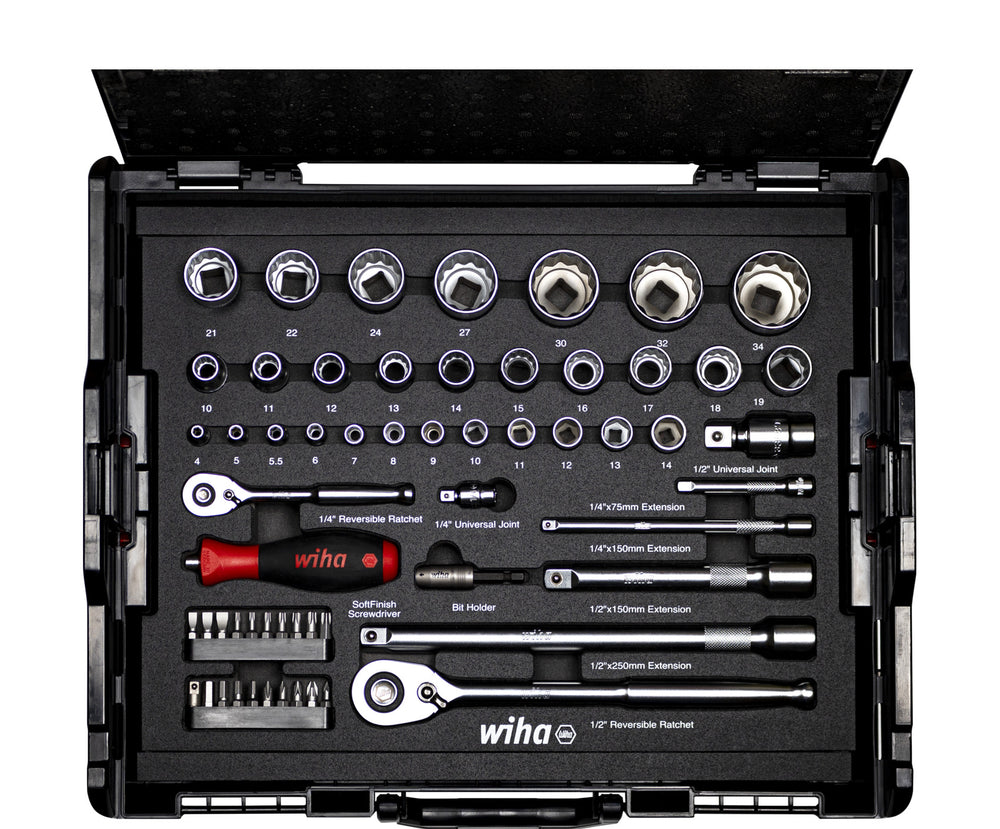Wiha dopsleutel- en bitset 1 4 en 1 2 (60-dlg. incl. l-boxx)