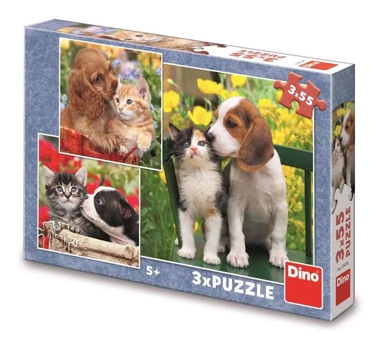Dinotoys dino puzzel - kat en hond - 3 x 55 stukjes