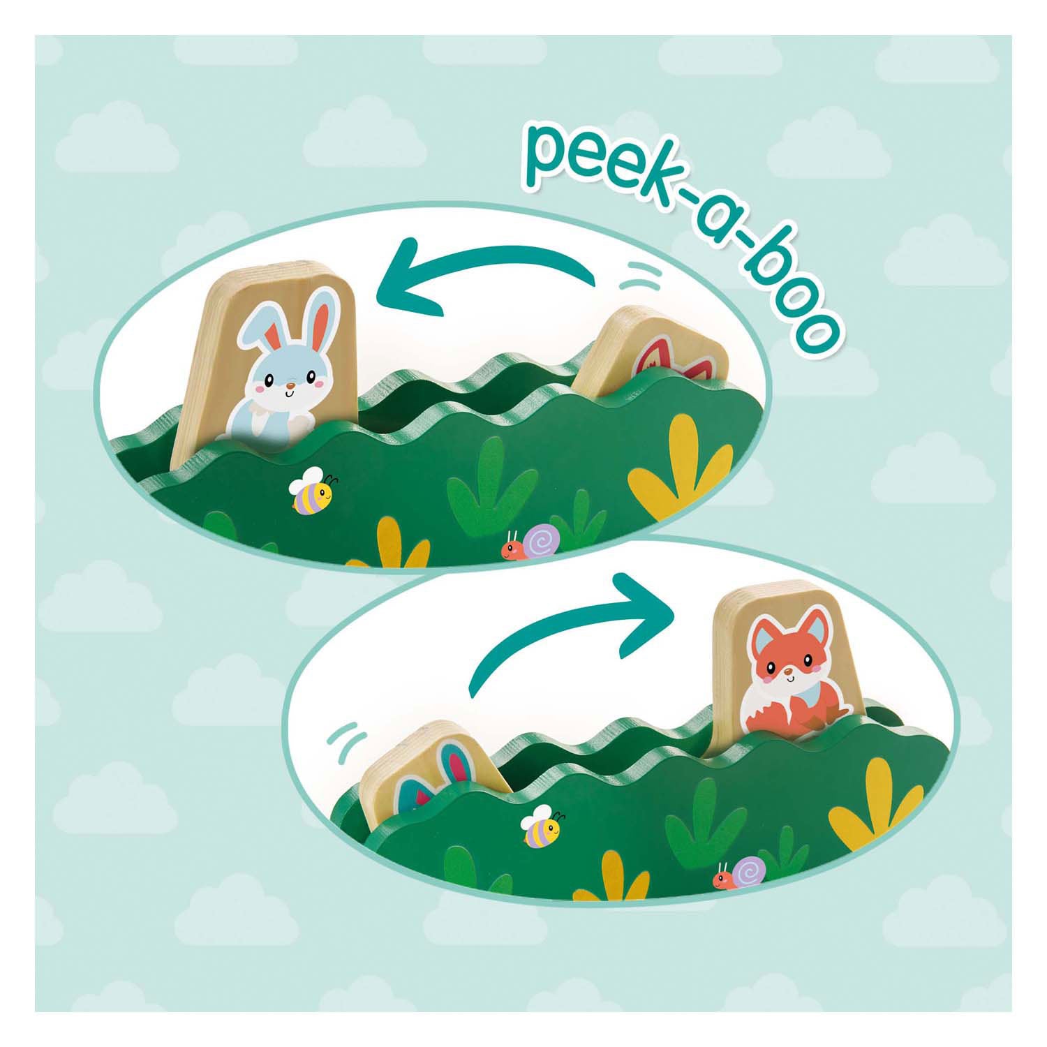 Ses houten hamerbank kiekeboe