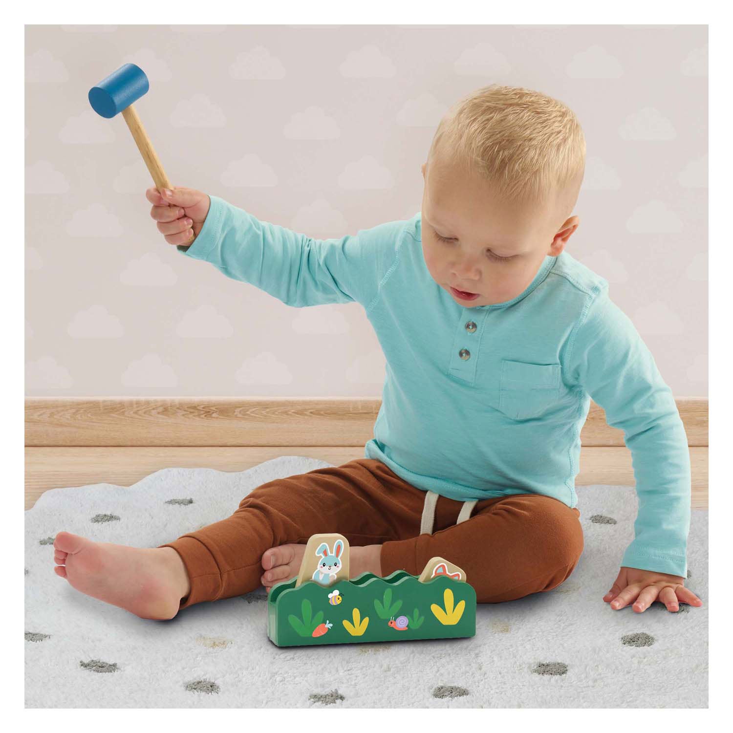 Ses houten hamerbank kiekeboe