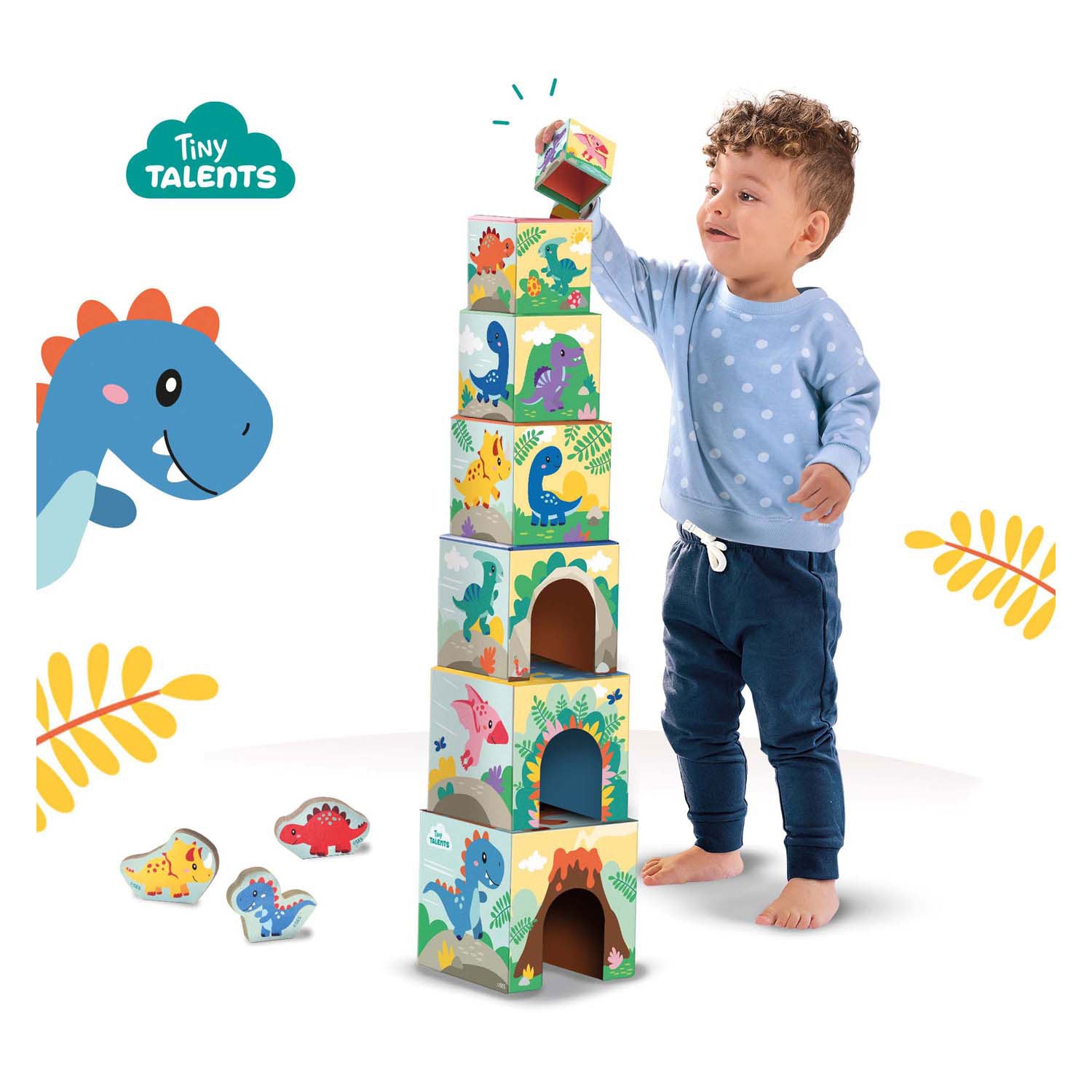 Ses stapeltorenblokken met dinofiguren