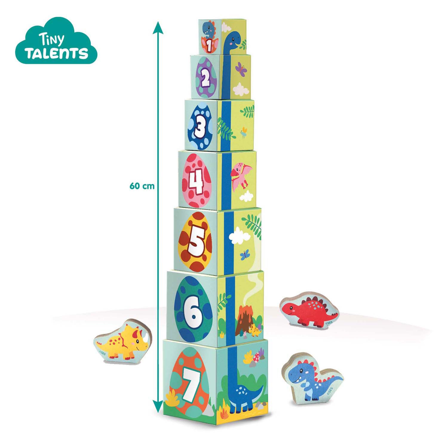 Ses stapeltorenblokken met dinofiguren