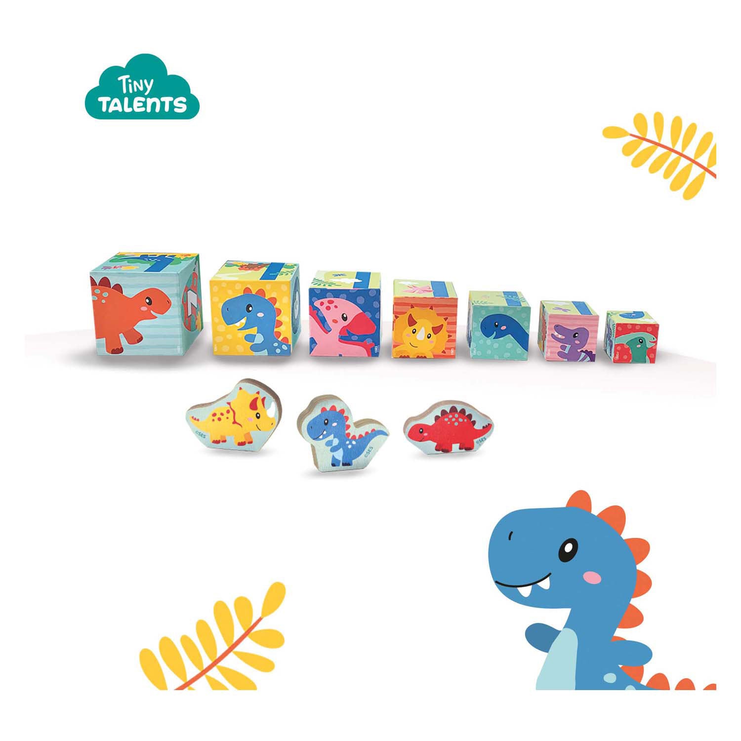 Ses stapeltorenblokken met dinofiguren