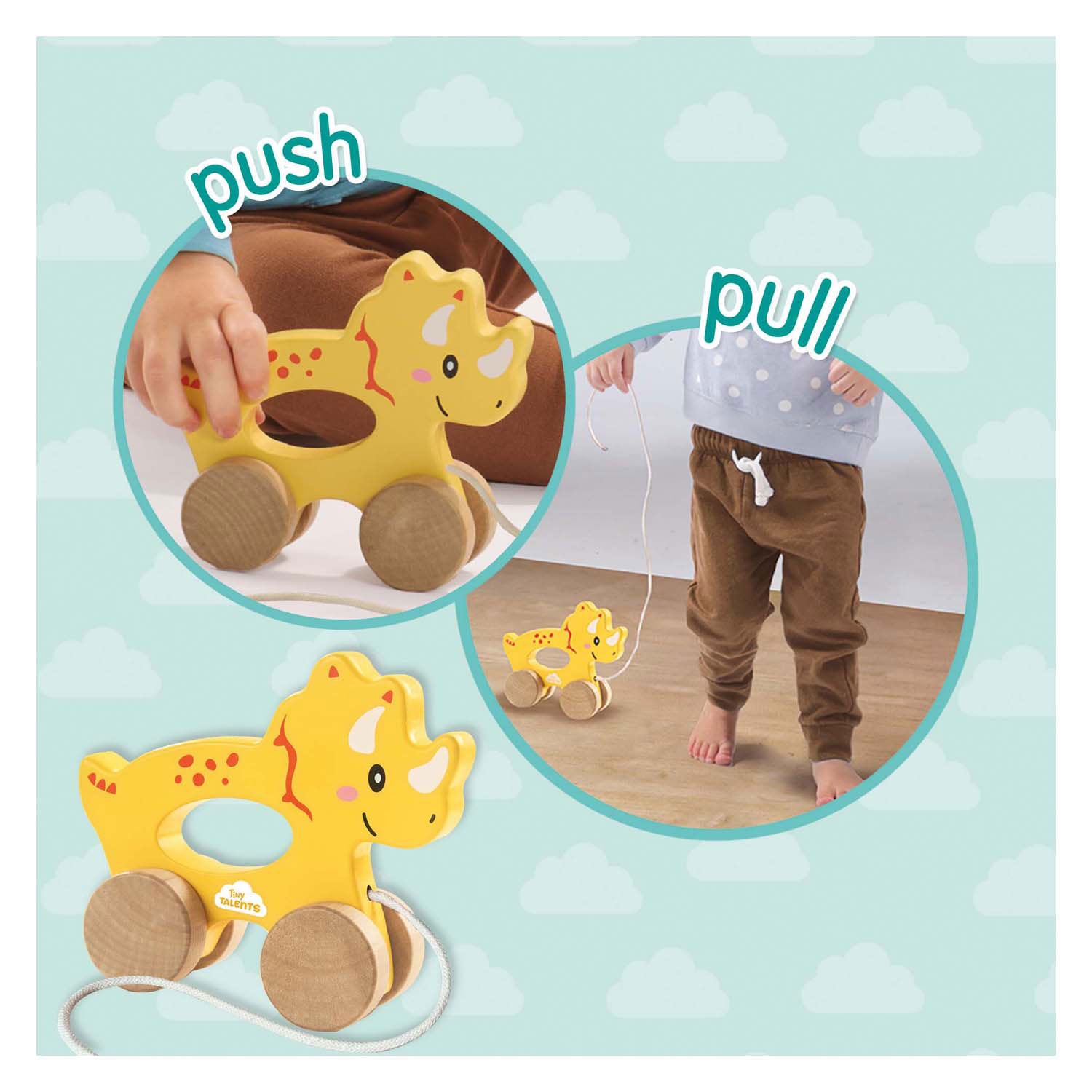 Ses houten trekdier 2 in 1 - triceratops