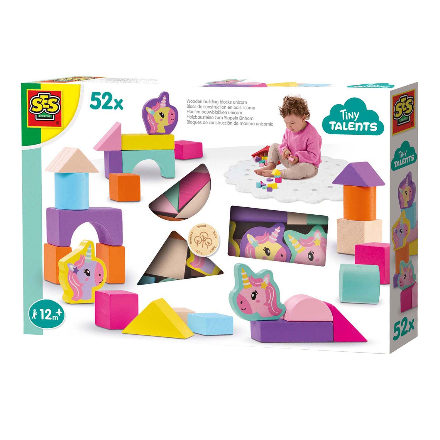 Ses houten bouwblokken eenhoorn, 52st.